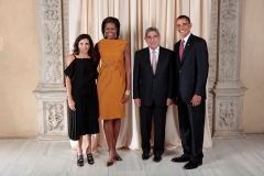 President Barack Obama and First Lady Michelle Obama pose for a photo during a reception at the Metropolitan Museum in New York with, H.E. Oscar Arias Sanchez President of the Republic of Costa Rica and Daughter, Miss Sylvia Arias, Wednesday, Sept. 23, 2009. (Official White House Photo by Lawrence Jackson)This official White House photograph is being made available only for publication by news organizations and/or for personal use printing by the subject(s) of the photograph. The photograph may not be manipulated in any way and may not be used in commercial or political materials, advertisements, emails, products, or promotions that in any way suggests approval or endorsement of the President, the First Family, or the White House.